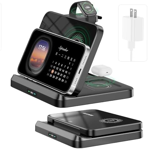 Revolutionize Your Charging Routine with the 3 in 1 Foldable Wireless Charging Station – Fast Mag-Safe Charger for i Phone 13/14/15 Pro Max, Apple Watch, and Air Pods – Sleek, Portable Design for Effortless Device Management and Enhanced Compatibility