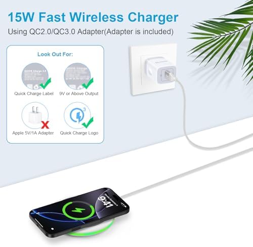 15 W Fast Wireless Charging Pad with QC 3.0 Adapter – Ultimate Charging Solution for Galaxy S25 Ultra, i Phone 16 Pro Max, Pixel 9, and More – Seamless Through-Case Functionality, Enhanced Safety Features, and Non-Slip Design for All Wireless-Enabled Devices – Includes 3.3 ft USB-C Cable for Effortless Connectivity – Perfect for Home and Office Use