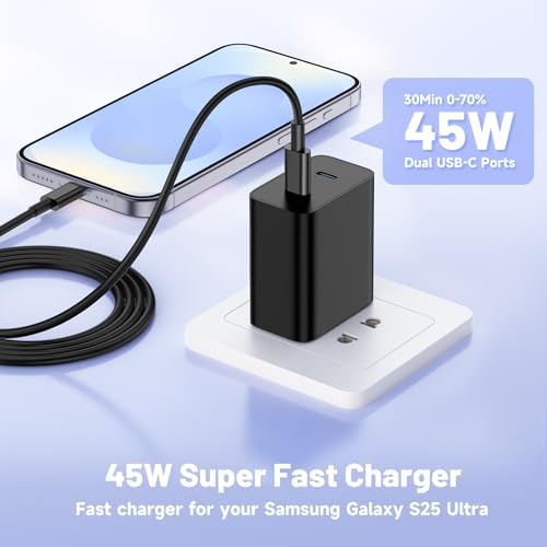 Dual-Port 45 W USB-C Wall Charger for Samsung Galaxy S25/S24 Ultra – Super Fast Charging with 2-Pack 6.6 ft Cables, PD 3.0 & PPS Technology for Enhanced Compatibility and Performance – Ideal for Mobile Professionals and Families