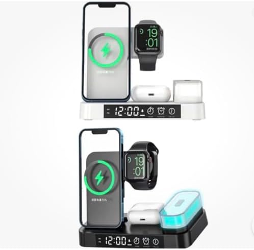 Sleek Wireless Charging Station with Foldable Design, Multiuse Adjustable Night Light, and LED Alarm Clock – Fast & Safe Charging for Multiple Devices, Enhanced Compatibility (Black)