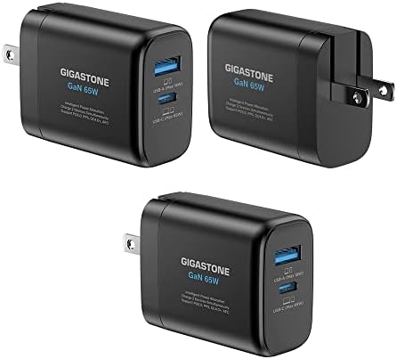 Gigastone 65 W Ga N USB C & A Charger 3-Pack – High-Speed Dual Port Wall Charger with Intelligent Power Allocation, Foldable Travel Design for Mac Book Air/Pro, Dell XPS, i Pad, i Phone 16/15, Galaxy S24 – Optimal Charging Efficiency and Portability