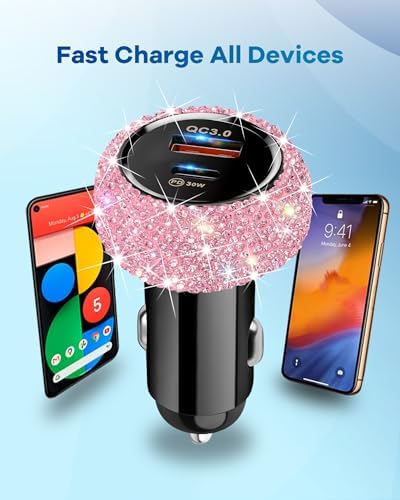 Stylish Pink Bling USB C Car Charger – 48 W Power Delivery & Quick Charge Dual-Port Adapter with 3.2 FT Type-C Cable for i Phone 16, 15 Pro Max, i Pad, Samsung Galaxy & Android Devices – Ultimate Fast Charging Solution for On-the-Go Convenience and Enhanced Compatibility