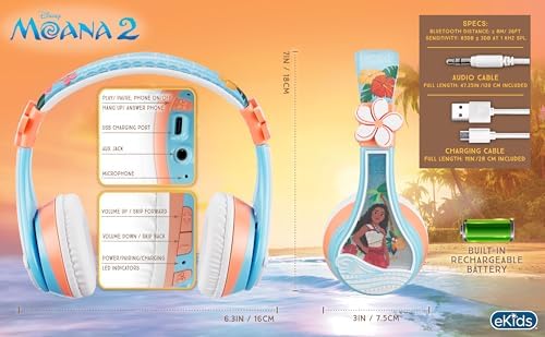 Moana-Inspired Kids Bluetooth Headphones – Over-Ear Comfort with Built-in Microphone and Auxiliary Cord – Ideal for School, Travel, and Home Audio – Superior Sound Quality and Enhanced Connectivity for Young Disney Fans