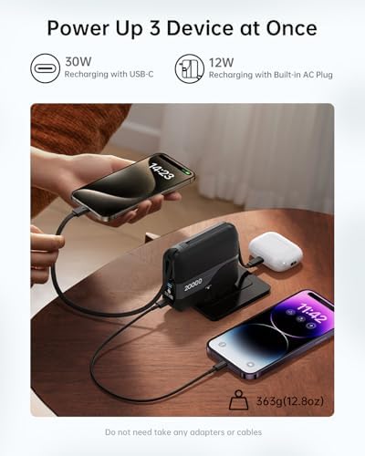 W&P Ultimate Travel Power Bank: 20,000 m Ah Portable Charger with Built-in Cables & AC Plug for 35 W Fast Charging – Ideal for i Phone 16/15/14/13/12 Pro, i Pad, Mac Book Air & Samsung Devices, Your Essential On-the-Go Power Solution