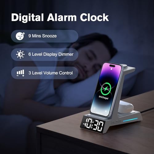 Revolutionize Your Charging Routine with the 4-in-1 Wireless Charging Station Featuring Alarm Clock – Ideal Dock for i Phone 16, 15, 14, 13, 12, 11, X, 8, Air Pods 3/Pro & Apple Watch Series 9-2 – Ultimate Speed & Compatibility for Modern Devices