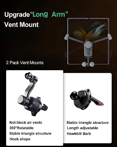 Z Fold 5 Car Mount with 2 Pack Hooks – Universal Vent Clip Holder for Samsung Galaxy Z Fold Series, i Phone 16 & Google Pixel Fold – Secure, Phone Case Friendly Design for Enhanced Stability and Convenience on the Road