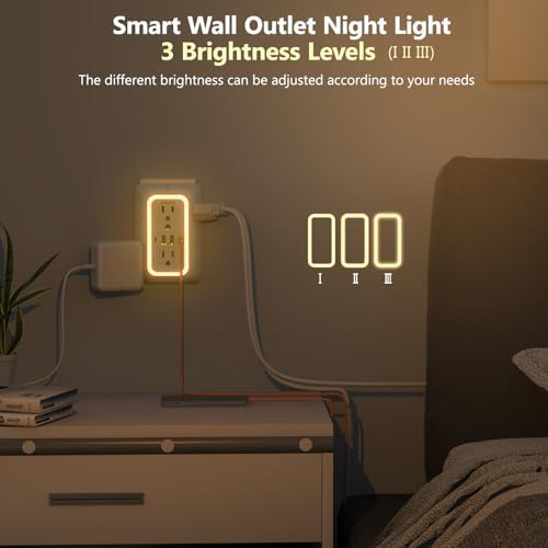 Enhanced 6-Outlet Wall Outlet Extender with Night Light & 4 USB Charging Ports – 1050 J Surge Protector for Home, Office, and Travel – Versatile Power Plug Adapter for Multiple Devices with Space-Saving Design