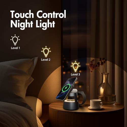 4-in-1 Mag Safe Wireless Charging Station with Adjustable Night Light – Fast 15 W Charger Stand for i Phone 16, 15, 14, 13, 12 Pro Max, Apple Watch Ultra, and Air Pods – Portable Travel-Friendly Design for Enhanced Compatibility and Nighttime Convenience