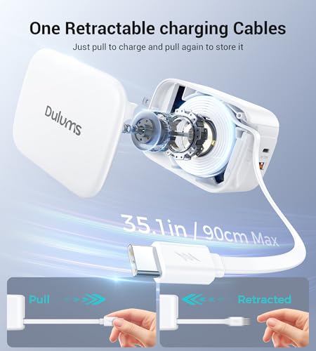 Dulums 40 W Ultra-Fast Retractable Wall Charger – Advanced QC3.0 & Power Delivery Technology with 2.6 FT Lightning Cable – Compact, Portable Power Solution for i Phone 16/15/14/13, Galaxy S24/S23, Pixel Devices – Perfect for On-the-Go Charging in Home, Office, or Travel