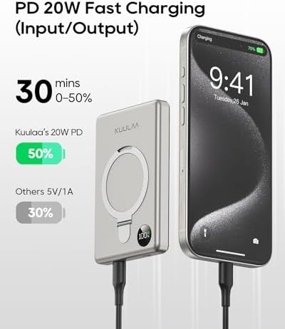 Kuulaa 10000 m Ah Magnetic Power Bank with LED Display – PD 20 W Fast Charging, Ultra-Slim Portable Charger for i Phone 16/15/14/13/12 – Mag Safe Wireless Battery Pack with Built-in Stand for Enhanced Mobility and Convenience