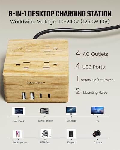 SUPERDANNY Portable USB Power Strip Surge Protector – Premium Desktop Extension Cord with 4 Spacious Outlets & 4 Advanced Smart USB Charging Ports for Home, Office, Hotel, Dorm, and RV Use – Elegant Faux Walnut Finish for Enhanced Aesthetics and Device Safety