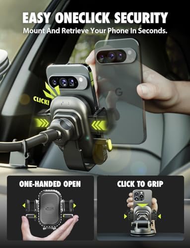 Universal Dashboard Cell Phone Holder by Bracketron – 360° Rotatable Mount with Strong Suction Cup for Secure Smartphone Access in Any Vehicle – Compatible with i Phone, Samsung, Google, Huawei and More – Effortless One-Click Release for Enhanced Safety and Convenience