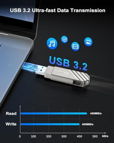 KOOTION 128 GB USB-C Flash Drive – Lightning Fast 450 MB/s Data Transfer, Dual OTG Design for i Phone 15/16 & USB Devices, Durable Metal Swivel Construction for Ultimate Portability and Style