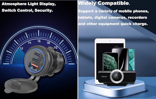 18 W Triple Port USB Car Charger with Switch – Quick Charge 3.0 & Dual PD USB-C Dashboard Mount for Cars, Trucks, and Boats – Energy Efficient Blue Charging Solution for All Your Devices on the Go
