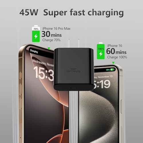 Revamp Your Power Routine with the i Phone 16 Pro Max Fast Charging Duo – 45 W USB-C Charger Blocks & 6.6 FT Type-C Cables for Ultra-Fast Power Delivery, Perfect for i Phone 16 Series & i Pad Pro Use – Essential for Home, Office, and Travel Efficiency