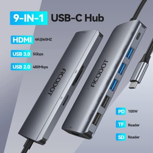 Acodot 9-in-1 USB C Hub: Ultimate 4 K HDMI Adapter with 3 USB 3.0 Ports, SD/TF Reader & 100 W Power Delivery – Stylish Purple Multiport Hub for Mac Book, HP, XPS & More – Boost Your Productivity with Seamless Connectivity and Fast Charging