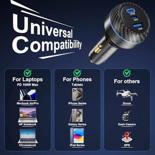 High-Power USB C Car Charger with Dual PD Ports – 100 W + 30 W Fast Charging Adapter for i Phone 15, Galaxy S24, Mac Book Pro, and More – Ultimate Multi-Device Compatibility and Safety Features for On-the-Go Charging Efficiency