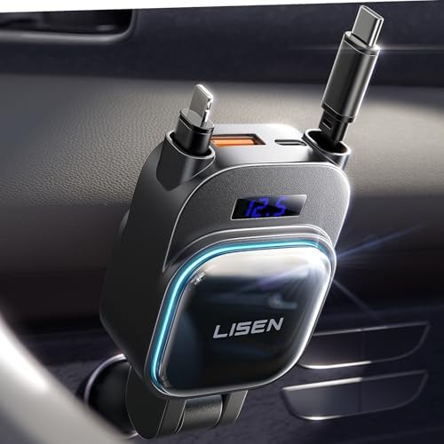 LISEN 96 W 4-in-1 Retractable Car Charger with Advanced USB-C & L Cable – Fast Charging for i Phone, Samsung, and Android – Smart Voltage Detection & Ambient Lighting – Ideal for Cars, Trucks, RVs – Ultimate On-the-Go Power Solution