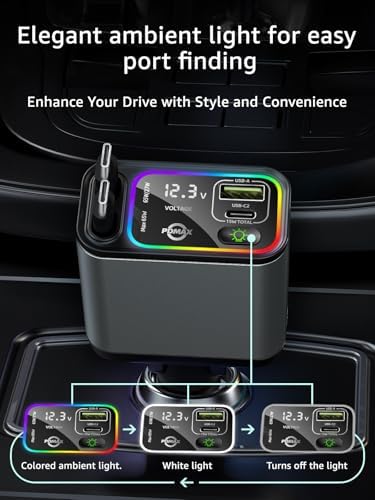 Ultimate 145 W Retractable USB C Car Charger – Fast Charging Solution with Dual Cables & Extra USB Ports for Seamless Compatibility with i Phone 16/15, Samsung S25/24/23/22, Pixel 9/8/7 – Stylish, Compact Design for On-the-Go Power Management