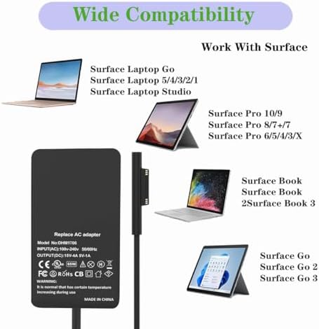 High-Speed 65 W Surface Pro Charger – Universal 15 V 4 A Power Adapter for Microsoft Surface Devices – Fast Charging & USB Port for Extra Device Compatibility – Reliable Replacement for Surface Pro X/9/8/7/6/5/4/3, Surface Laptop, Surface Go, and Surface Book Series – Enhanced Safety Features & Durable Design for Long-lasting Performance