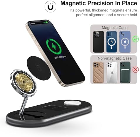 Sleek 3-in-1 Magnetic Charging Station for Apple Devices – Fast Mag-Safe Wireless Charger Stand for i Phone 16/15/14/13/12, Apple Watch, and Air Pods – Elegant Golden Design with Enhanced Compatibility and Safety Features