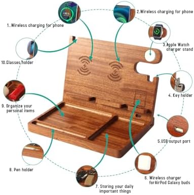 Sleek Wooden Nightstand Organizer with 4-in-1 Wireless Charging Station for i Phone & Android, Fast 27 W Charger for Apple Watch and Air Pods, Stylish Wallet & Key Holder – Perfect Gift for Men and Tech Lovers