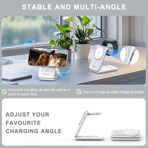Ultimate 3-in-1 Magnetic Wireless Charging Station: Fast Travel Charger for i Phone 16, 15, 14 – Apple Watch Ultra/SE/9/8 – Air Pods Pro 4/3 – Compact Foldable Design with 18 W Adapter for Efficient Multi-Device Charging (White) – Enhanced Durability & Quick Charge Technology