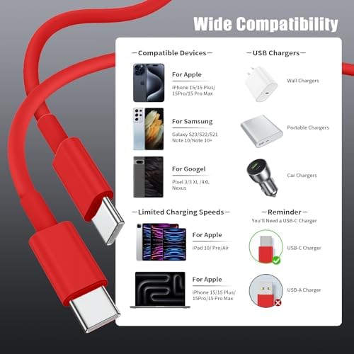 6-Foot USB C Cable for i Phone 15 – 3-Pack Durable Woven Fast Charging Solution for i Phone 16, Mac Book Pro, and Samsung Galaxy S23 Ultra – Optimal Length for Home, Office, and Travel Use – 60 W Power Delivery & High-Speed Data Transfer