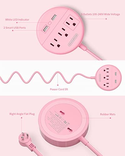 Stylish 25 ft Rose Pink Extension Cord by NTONPOWER – Flat Plug Power Strip with 3 AC Outlets & 2 USB Ports, Versatile Wall Mount Charging Station for Home, Dorm, or Office – ETL Certified for Enhanced Safety and Performance