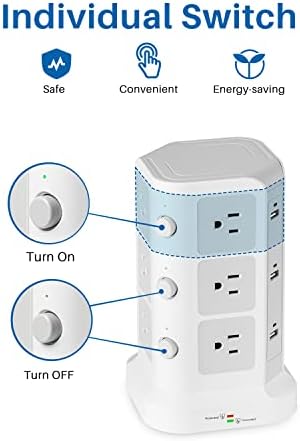 KOOSLA Power Strip Tower – 12 AC Outlets & 6 High-Speed USB Ports with 15 A Surge Protection – 6.5 ft Heavy-Duty Extension Cord for Home Office & Dorm Room – Compact Design for Efficient Power Distribution – Versatile Charging Station for Multiple Devices
