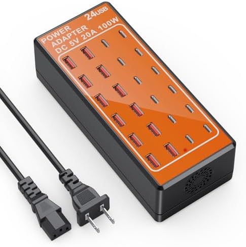 24-Port USB Charging Hub with 100 W Fast Charge Capability – Multi-Device Desktop Station with 12 USB-A & 12 USB-C Ports for Rapid Power Delivery to i Phone, i Pad, Samsung Galaxy, Laptops, and More – Space-Saving Design Ideal for Home or Office Use