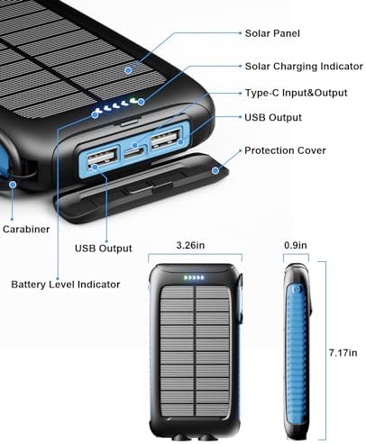 Ultra-Reliable 20,000 m Ah Solar Power Bank – High-Speed Portable Charger with Dual Flashlights, Eco-Friendly Solar Panel, and Carabiner for Adventurers and Daily Commuters – Waterproof External Battery for Fast Charging Smartphones and Tablets