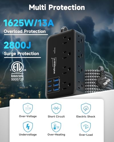 Maximize Your Charging Efficiency with the 2800 Joules Surge Protector Power Strip – 8 AC Outlets & 6 Fast-Charging USB Ports (4.8 A/24 W) for i Phone 15, 5 ft Flat Extension Cord & Wall Mount Design – Perfect for Home, Office & Travel Needs