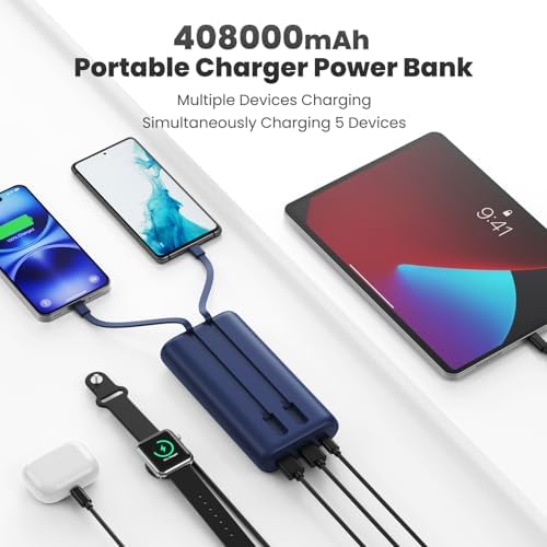 Ultra-High Capacity 40,800 m Ah Power Bank with 25 W Fast Charging – Dual Built-in Cables & 5 Outputs for Quick Device Charging – Compatible with i Phone 16/15 & Android – Sleek Blue Portable Charger for On-the-Go Power Solutions