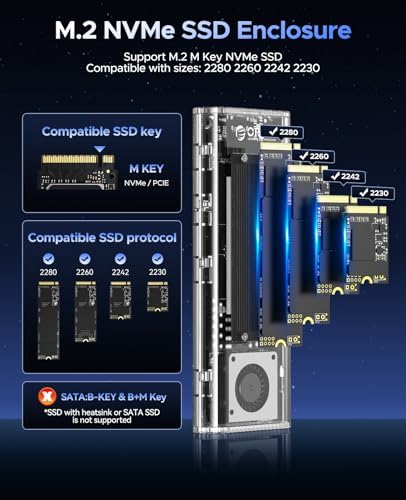 ORICO Transparent M.2 NVMe SSD Enclosure – Ultra-Fast USB 3.2 Gen 2 Adapter for PCI-E M-Key SSDs (2280/2260/2242/2230) – Lightweight and Durable External Solid State Drive Case with Tool-Free Setup and USB Type-C Support for Seamless Data Transfer