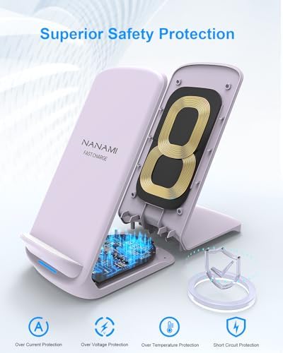 NANAMI Premium Fast Wireless Charging Stand – 20 W USB-C Adapter Included, Compatible with i Phone 16/15/14/13/12 Pro/Pro Max & Samsung Galaxy S25/S24/S23/S22 – Sleek, Compact Design with Safety Features for Efficient, Hands-Free Charging Experience