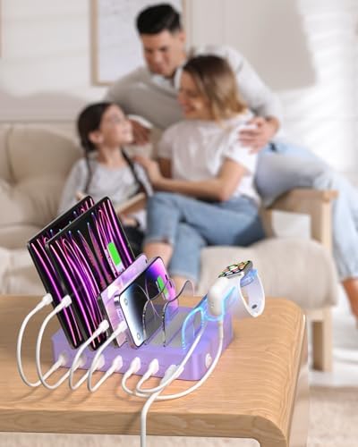 Soo Pii Elegant Pink 6-Port USB Charging Station Organizer – Fast Multi-Device Charging Hub with 6 High-Speed Cables and i-Watch Holder – Ultimate Solution for Neat Workspaces and Efficient Device Management