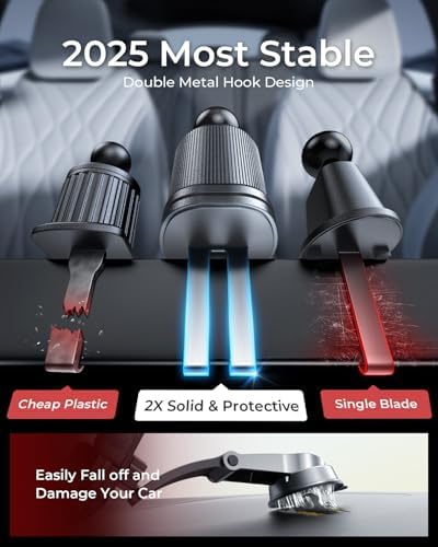 Universal Smartphone Air Vent Car Mount with Dual Metal Hook for Secure One-Hand Use – Sleek Black Design for i Phone & Android Devices, Effortless Navigation & 360-Degree Rotation, Essential Driving Accessory for Safety and Convenience