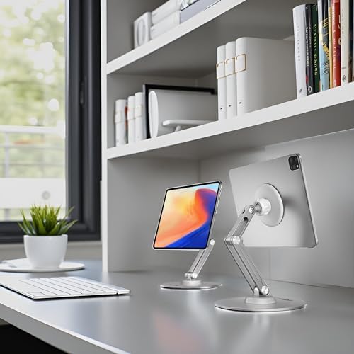 Premium Adjustable Tablet Stand with Magnetic Support – 360° Rotating Metal Holder for i Pad and Tablets – Foldable Multi-Angle Design for Home and Office Use – Sleek Black Finish for Enhanced Compatibility and Stability