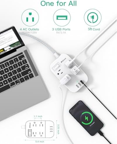 Versatile 10 Ft Braided Power Strip with Flat Plug – 4 Outlets & 3 USB Charging Ports for Effortless Device Management, Overload Protection, and Space-Saving Wall Mount Design for Home and Office Use