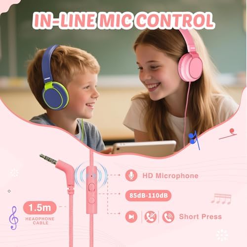 MIDOLA Kids Over-Ear Headphones: Safe Audio Experience with Noise Limitation, Foldable & Travel-Friendly Design, Custom Volume Control (85/110 d B), Built-In Microphone, and AUX Compatibility for School, Gaming, and Family Adventures in Sleek Black
