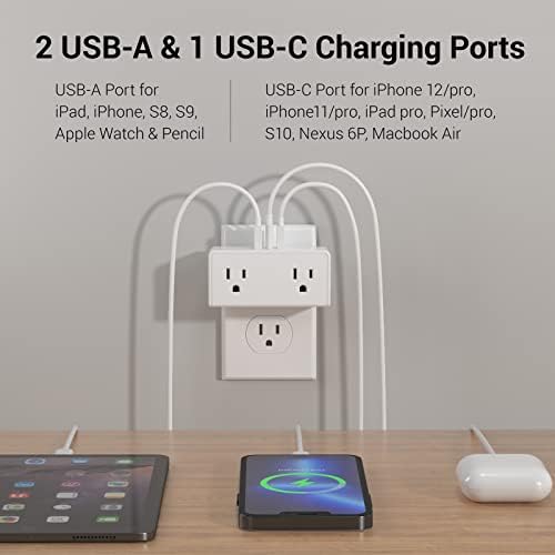 Elevate Your Charging Game with the Clear Power 2-Outlet Power Strip – 6 ft Flat Plug Power Station Featuring 3 USB Ports (1 USB-C) for Rapid Device Charging, Ideal for Home, Office & Travel, Durable & Compact Design, White, Model DC3 S-1102-DC