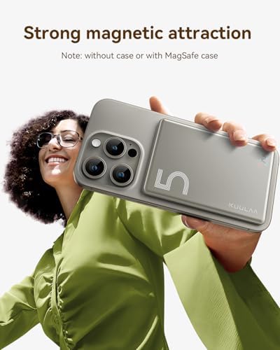 Kuulaa Slim Magnetic Portable Power Bank for i Phone – 5000 m Ah PD 20 W Fast Charging Battery Pack with Rotating Stand for Mag Safe Compatible i Phone 12/13/14/15/16 Series (Titanium Finish) – Ultimate On-the-Go Charging Solution