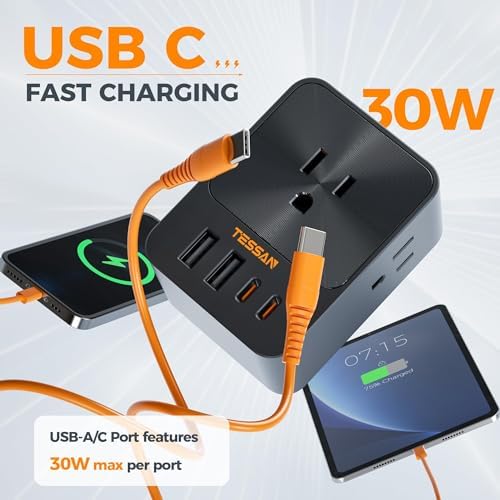 TESSAN 20 W USB C Charger Block with 3 Outlet Surge Protector – Fast Charging Multi-Port Wall Adapter for Home, Office, and Dorm Use – Compact Design with Enhanced Compatibility for All Devices