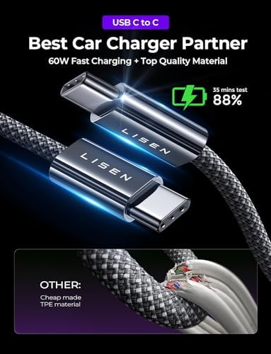 LISEN 95 W USB C Car Charger Adapter – Fast Charging PD65 W Dual Port Cigarette Lighter Charger for i Phone 15 Pro Max, Plus 14 & Samsung Galaxy – Durable All-Metal Design for Ultimate Compatibility and Convenience