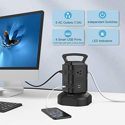 JACKYLED Power Strip Tower Surge Protector with 12 Outlets and 6 USB Ports (2 USB-C) – High-Speed Charging Station with 1050 Joules Protection, 1625 Watts, 6.5 ft Extension Cord for Enhanced Home Office Efficiency and Device Safety