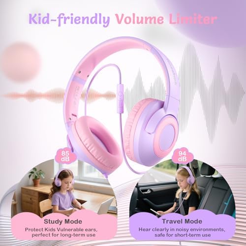 Comfortable Pink Headphones for Kids with Microphone – Safe Listening Technology at 85/94 d B, Foldable & Portable for School and Travel, Includes Stylish Carrying Case – Ideal for Young Girls Who Love Music and Learning