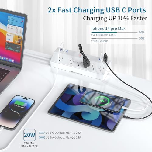 Maximize Your Workspace Efficiency with the JXGUCAT 40 W Fast Charging Desk Clamp Power Strip – 6 AC Outlets & 2 USB-C Ports, 10 ft Cord, Ideal for Home Office Surge Protection, Fits 1.8″ Tabletop Edges, Removable Mount for Effortless Setup