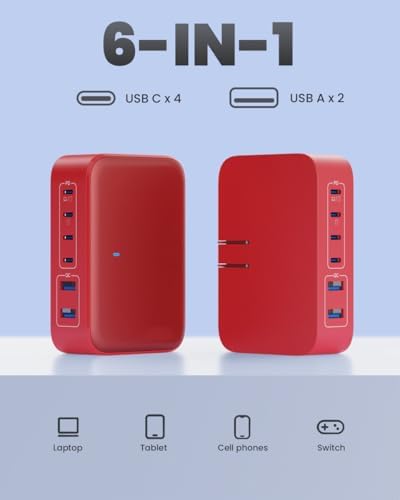 200 W USB C Charging Hub with 6 Ports – Ga N IV Foldable Wall Charger for Rapid Device Power-Up, PD 65 W Laptop Charger for Mac Book Pro, Dell, i Phone 16/15, i Pad, Galaxy & Steam Deck – Compact & Travel-Friendly Fast Charging Solution
