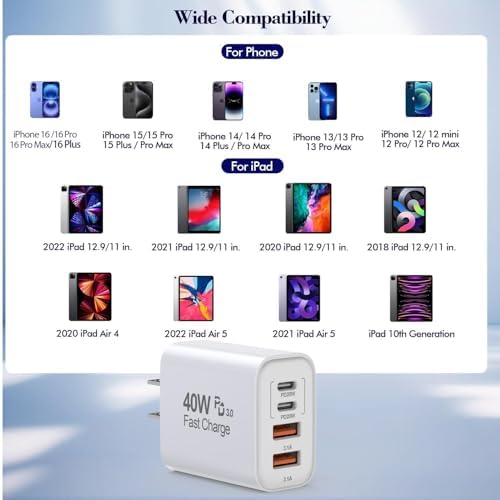 40 W Multi-Port USB-C Power Adapter for i Phone 16/15/14/13/12/11 & i Pad 12.9 – Advanced Fast Charging Solution with PD & QC Technology – Compact 4-Port Wall Charger for Home, Office, and Travel – Ultimate On-the-Go Power Block for Rapid Device Management